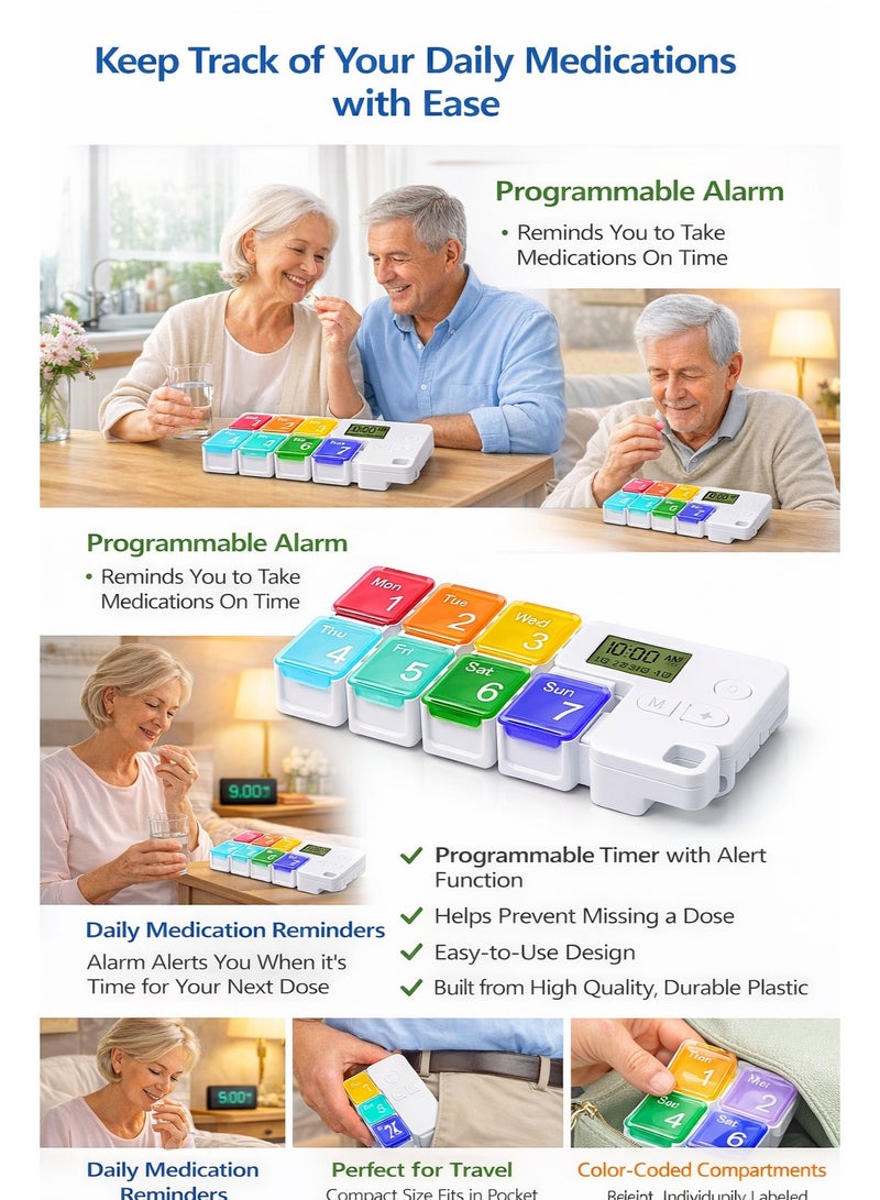 AKSONZ 7 Day Weekly Pill Organizer with Alarm Reminder Smart AM PM Medicine Box 2 Times a Day Electronic Pill Case for Vitamins & Supplements Portable Travel Organizer for Seniors & Alzheimer’s Patients - Image 3